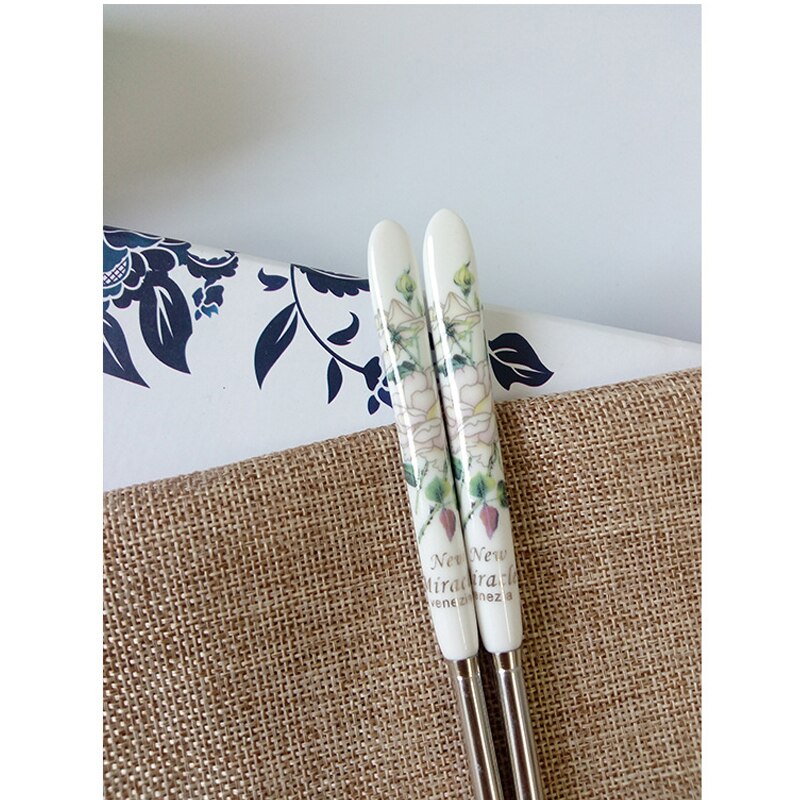 BalleenShiny 1 Pair Stainless Steel Chopsticks Chinese Style Rose Peony Ceramic Handle Anti-skid Chopsticks for Rice: Lotus