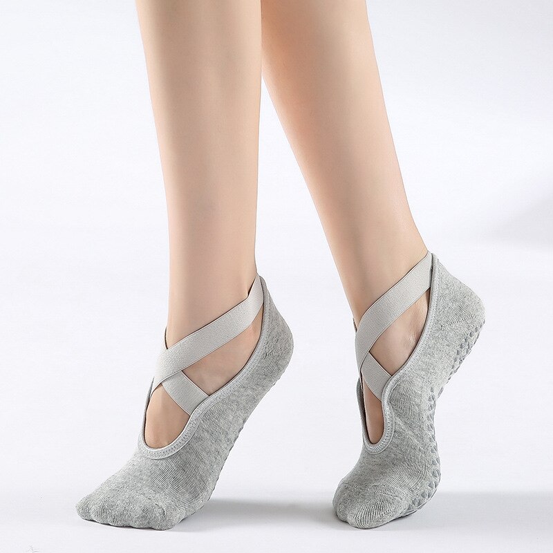 1Pair Yoga Socks for Women Non-Slip Grips Straps Bandage Cotton Sock Ideal for Pilates Pure Barre Ballet Dance Barefoot Workout: PURPLE