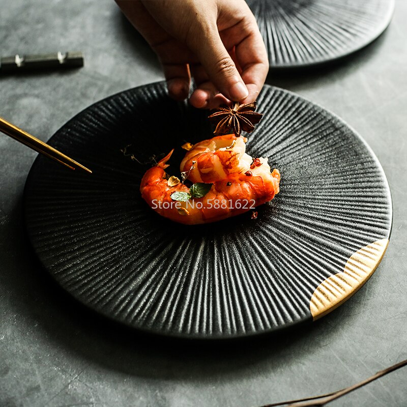 Keramisk sort gylden farve bordservice plade husholdnings keramisk plade sushi sashimi plade