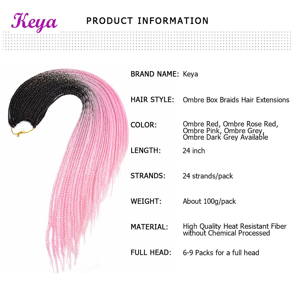 Ombre Pink Crochet Box Braids 24 Strands Synthetic Crochet Hair Extensions 24 Inch Heat Resistant Fiber Braiding Hair