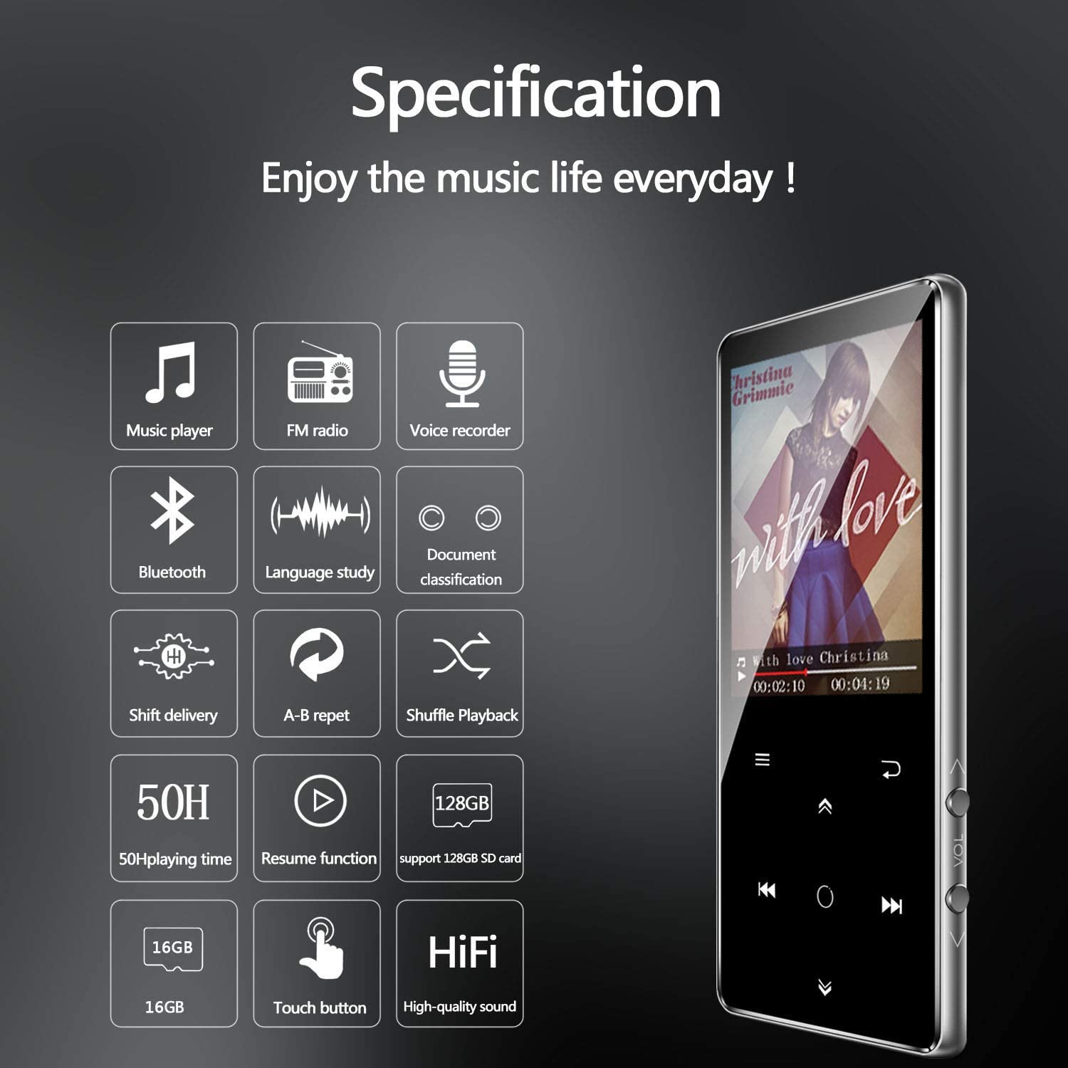 MP3 player, BENJIE 16GB 2.4 inch MP3 Bluetooth 4.0 HiFi lossless music player, TFT color screen/FM radio, maximum support 128GB