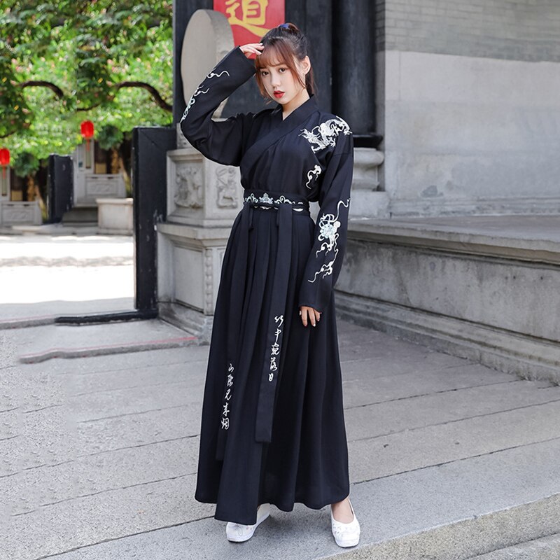 Zwart Borduurwerk Hanfu Vrouwen Mannen Traditionele Dans Kostuums Fee Jurk Zangers Prestaties Kleding Folk Festival Outfit DC3175