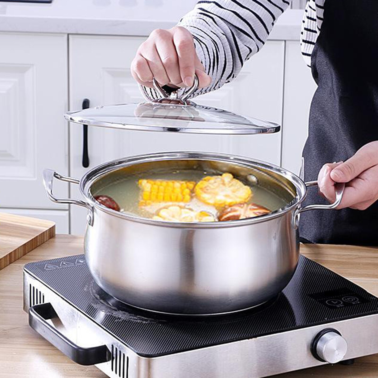 Rustfrit stål mælkesuppe gryde gryde lagerpotte med låg non-stick køkkengrej: B 22cm