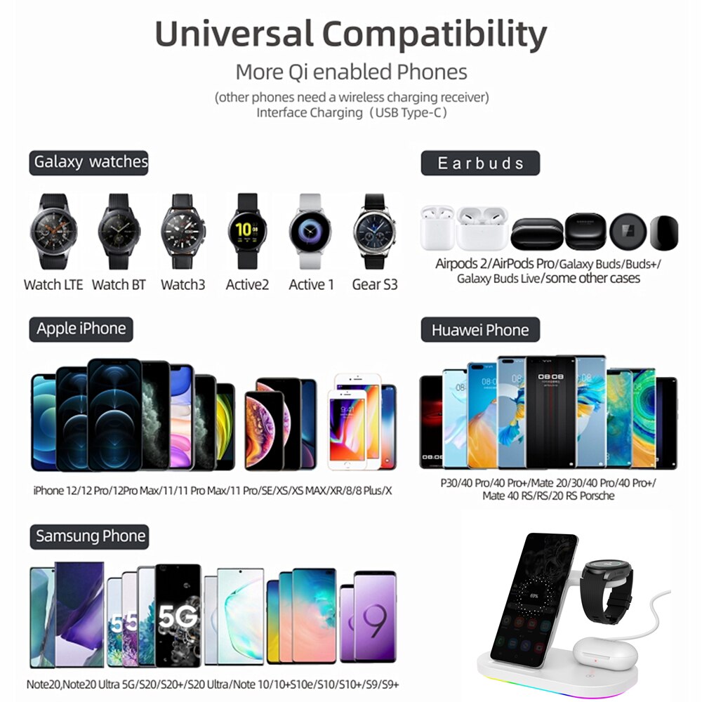 3 In 1 Wireless Chargers Station 15W Fast Charging for Samsung Z Fold3 Z Flip3 S21 S20 Galaxy Watch 4 3 Active 2 Gear S3 S4 Buds