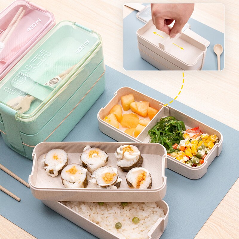 3 Lagen Lunchbox 900Ml Draagbare Tarwe Stro Bento Boxs Magnetron Dinnerwaer Foos Opslag School Kantoor Voedsel Container