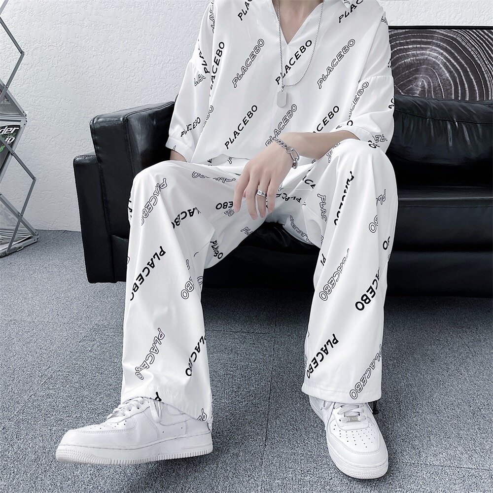 T Shirt Straight Leg Pant Summer Lightweight 2 Pieces Sets for Men Korean Gothic Clothing Teens Hip Hop Streetwear Satin: 5XL / white
