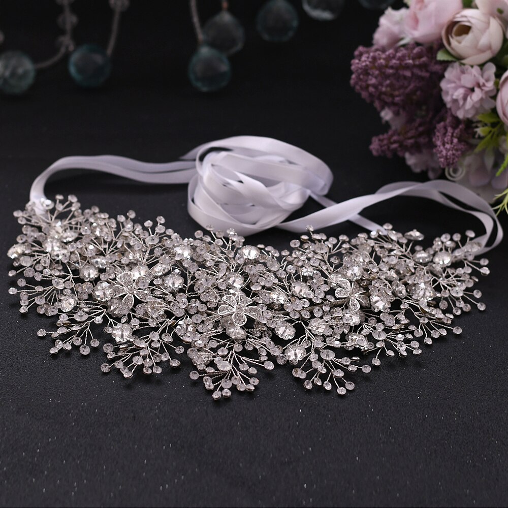 Trixy sh240 acessórios de vestido de casamento prata strass cintos para as mulheres floral faixa nupcial acessórios para vestido de noite: white ribbon