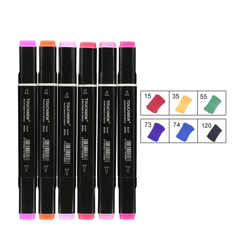 TOUCHNEW 80 Colors Soft Brush Markers Pen Dual tips Alcohol Based Markers set for Manga Drawing Animation Art Supplies: 6 color set 1