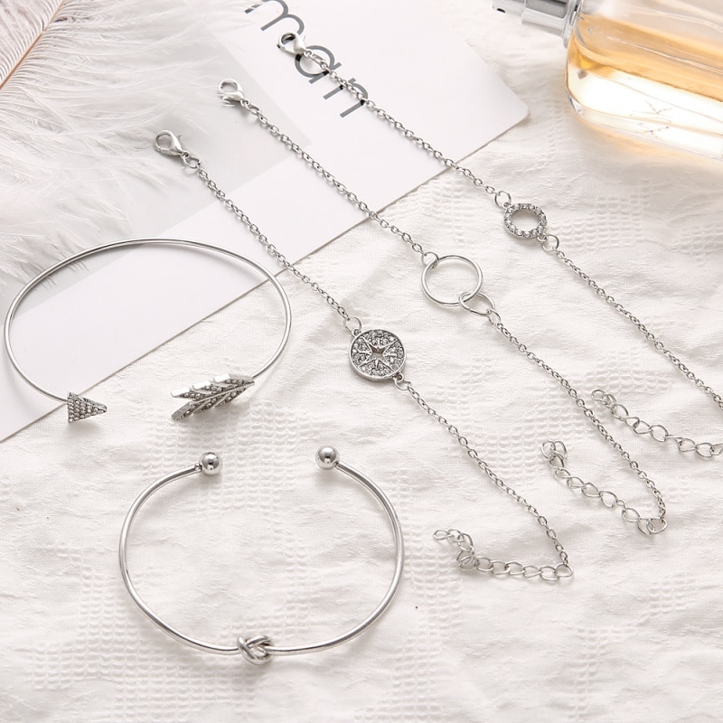 5 Stks/set Bohemian Arrow Crystal Kompas Ronde Geknoopt Geometrische Chain Verstelbare Multilayer Armbanden Set Vrouwelijke Charme Sieraden