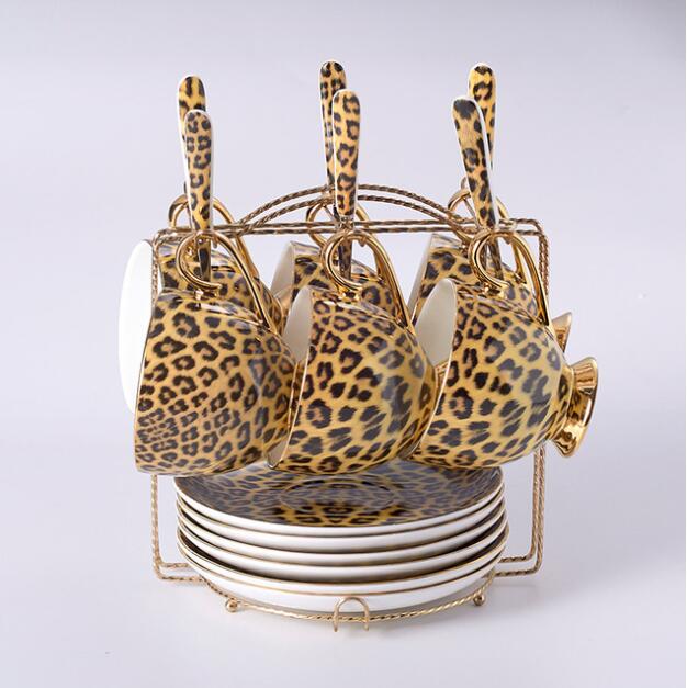 Leopard print knogle kina kaffesæt luksus porcelæn te sæt avanceret pot kop keramisk krus sukker skål flødekande tekande drik