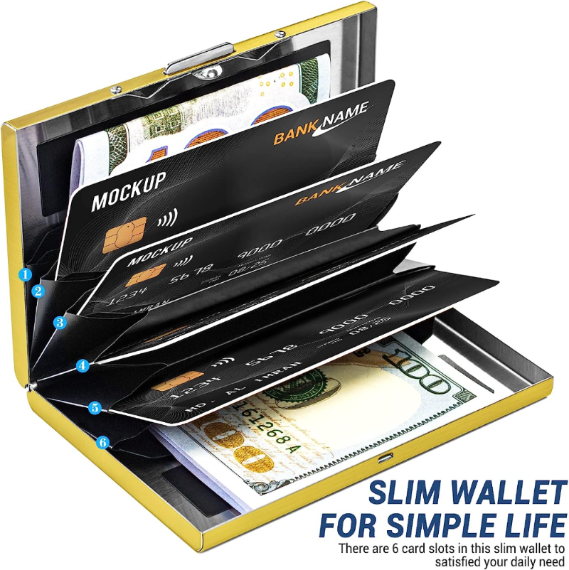 Anti-escaneo RFID 6 tarjetas de gran capacidad de aluminio Metal tarjetero de crédito funda tipo billetera con bloqueo delgado protección para tarjetas de visita: Oro