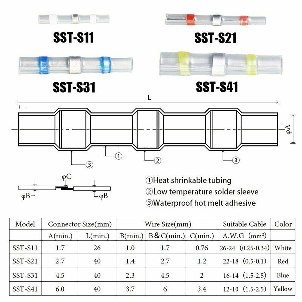 250 Pcs Solder Seal Wire Connectors Crimp Solder Butt Connectors Solder Connector Kit Automotive Marine Insulated