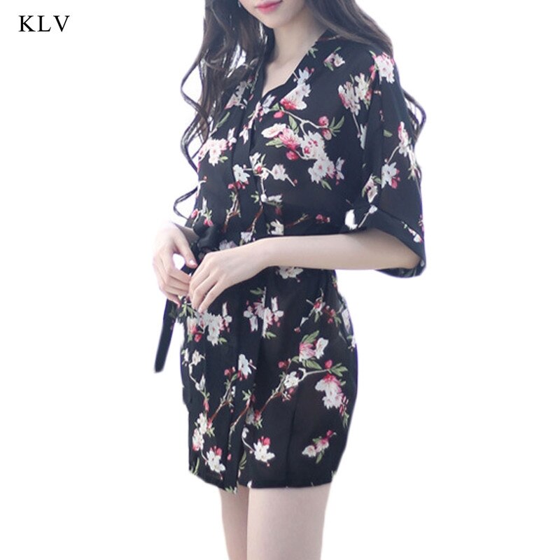 KLV-Bata Floral para mujer, vestido de novia, Kimono de boda, ropa de dormir, de estilo corto: Black