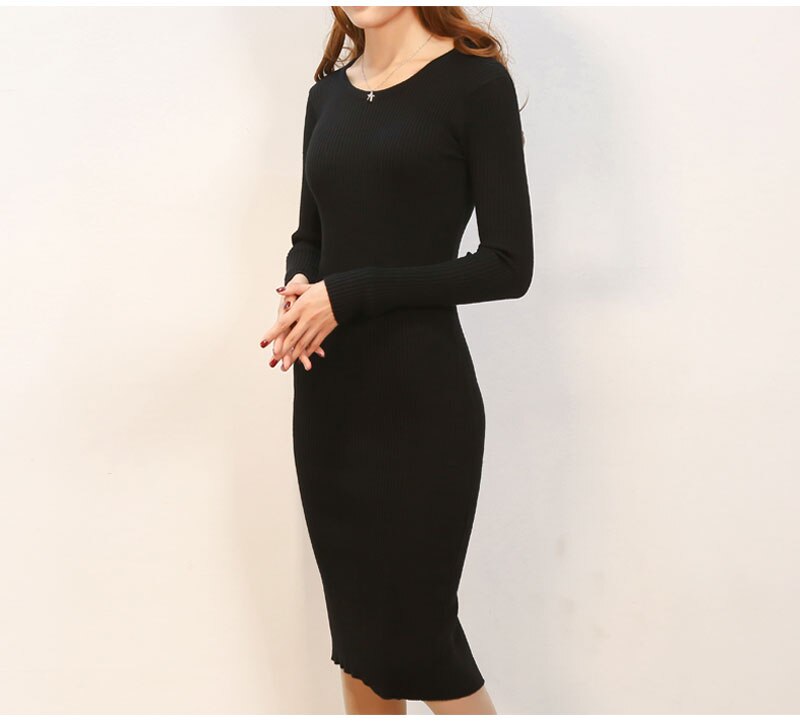 Women Autumn Winter Sweater Dresses O-Neck Solid Slim Long Knitted Dress Sexy Bodycon Robe Dress AE2073