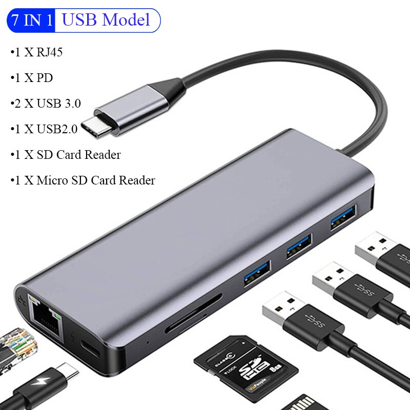 IREALTHINK molo USB di Tipo C adattatore usb c centro Macbook molo divisore centro USB 3.5mm Jack HDMI adattatore USB C Tipo C 3.1 pro centro: 7 IN 1 grigio Hub