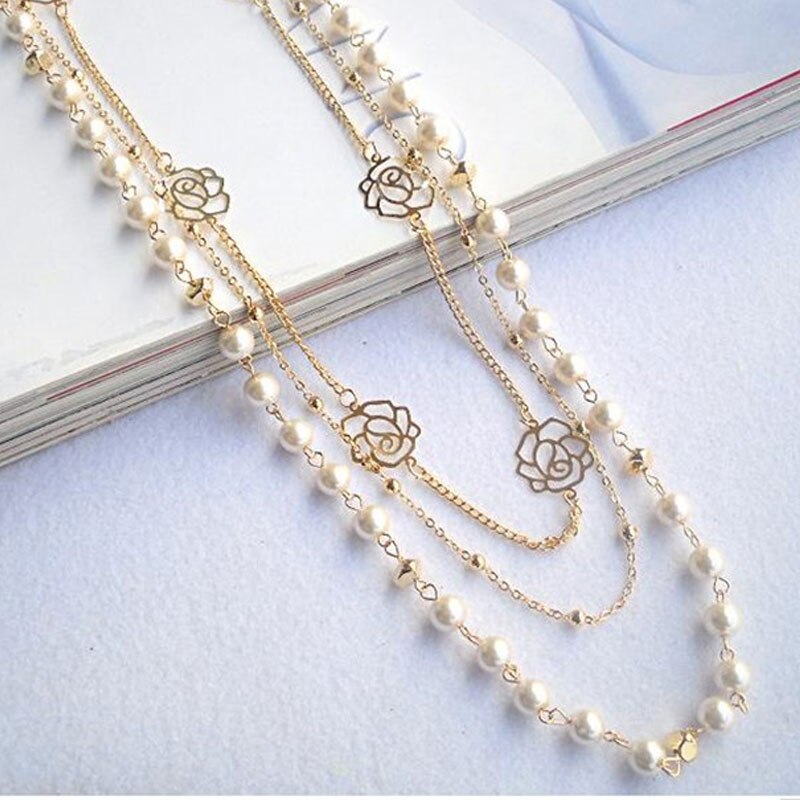 Lange Gesimuleerde Parel Ketting Voor Vrouwen Camellia Dubbele Laag Hanger Trui Chain Party Ketting