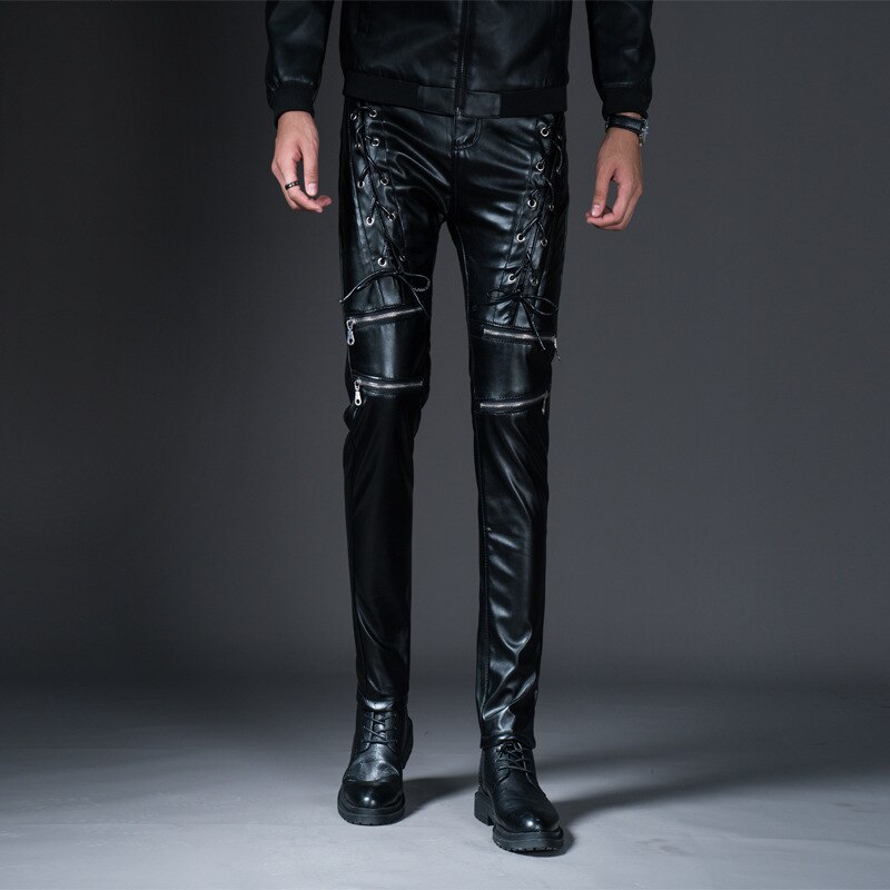 Høst vinter menns slim fit elastiske imiterte lærbukser mann elastiske stramme bukser pu skinn skinnende blyant motorsykkelbukser