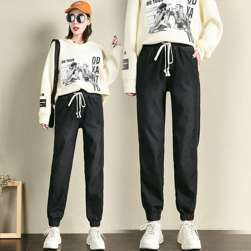 Plus velours épaissir Denim sarouel femmes automne hiver à lacets jean femme décontracté Long petit ami jean pour les femmes C6480: black jeans / 26