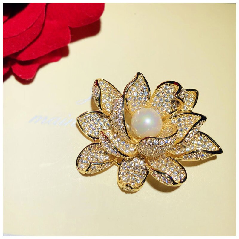 Vintage Broches Voor Vrouwen S925 Zilveren Zirconia Parels Broche Gouden Lotus Pin Corsage Kleding Vest Knop Fijne Sieraden