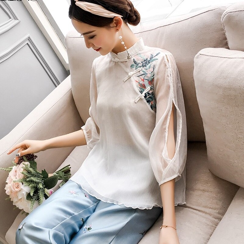 Ropa de estilo chino para mujer, traje Tang con bordado de flores, camisas tradicionales Qipao Cheongsam, blusa para mujer: 1 / XL