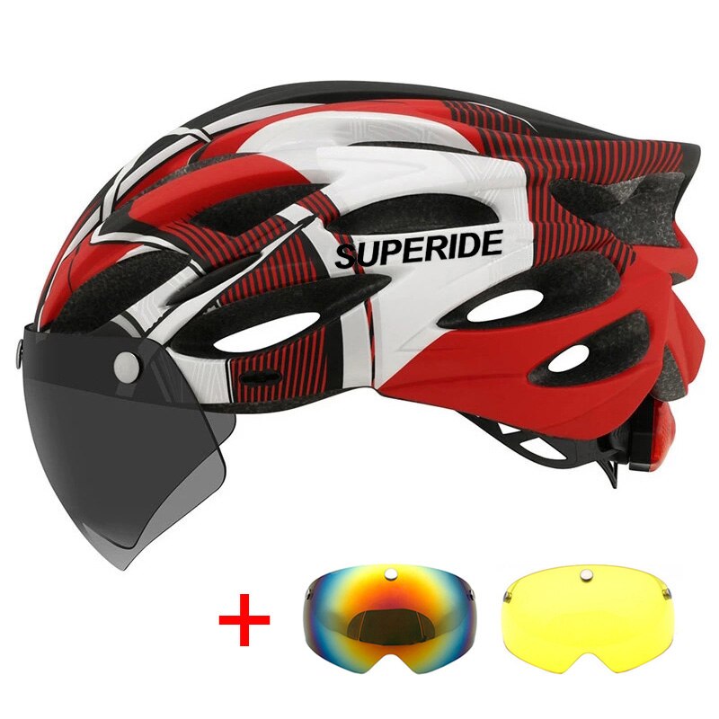SUPERIDE Outdoor Cycling Helmet with Rearlight Unisex Mountain Road Bike Helmet Sports MTB Bicycle Helmet with Goggles &amp; Visor: Red 3 Lenses