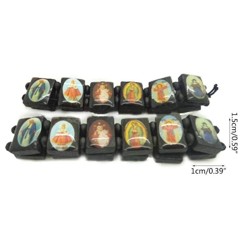 4Pc Katholieke Sieraden Christian Levert Houten Icoon Elastische Bead Armband H7ED