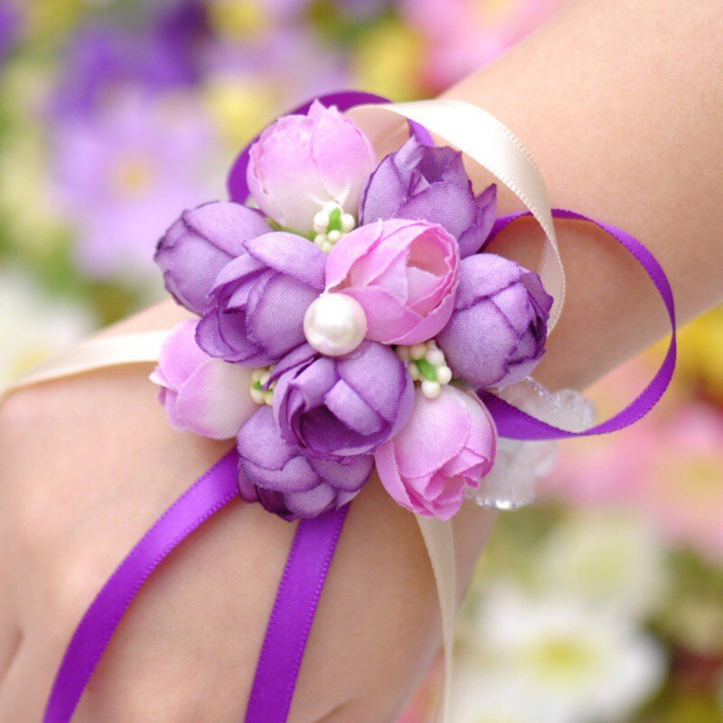 10pcs/lot Wrist Flowers Prom Wrist Flower Girls Bridesmaid Hand Flowers Wrist Corsage Bracelet Lace-up Flower Wedding Supply