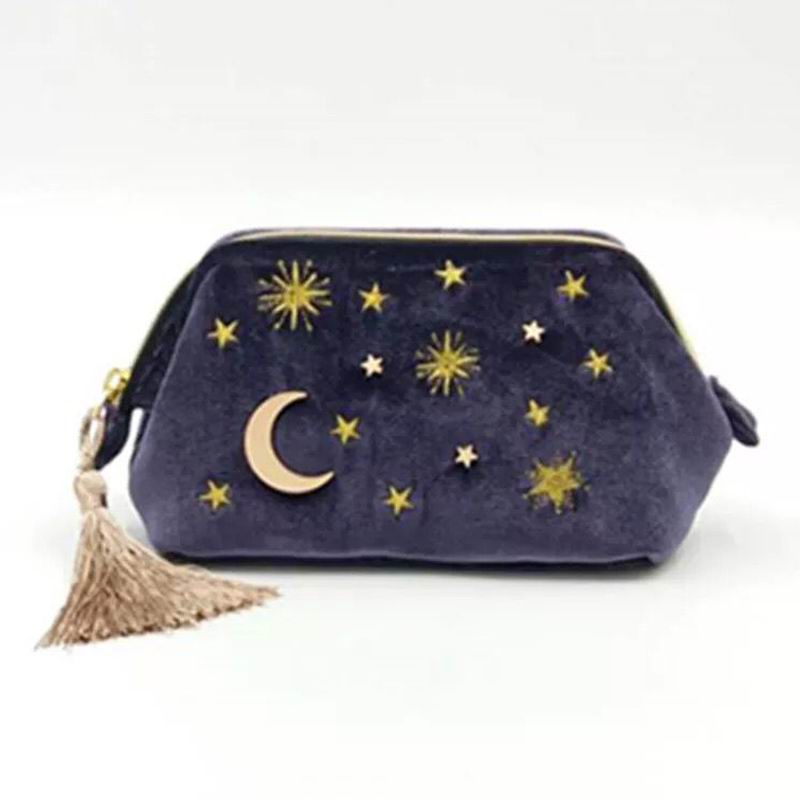 Cute Velvet Embroidery Cosmetic Bag Travel Organizer Women Makeup Bag Zipper Make Up Pouch with Moon Star Tassel Deco: Blue