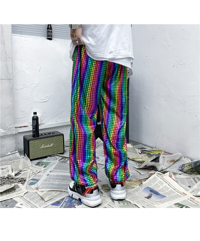 M-xxl värikkäät yökerhohousut miesten joustava vyötärö kirkas hip hop streetwear housut miesten vaatteet väljä istuvuus