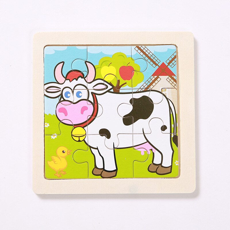 Mini Size 11*11CM Kids Toy Wood Puzzle Wooden 3D Puzzle Jigsaw for Children Baby Cartoon Animal/Traffic Puzzles Educational Toy: Cow