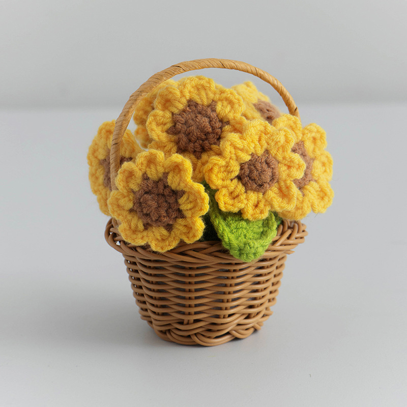 Stickade solrosor kruka konstgjorda blommor färdiga handvävda växter för kontor skrivbordsdekoration mini bröllopsprydnad: Beige