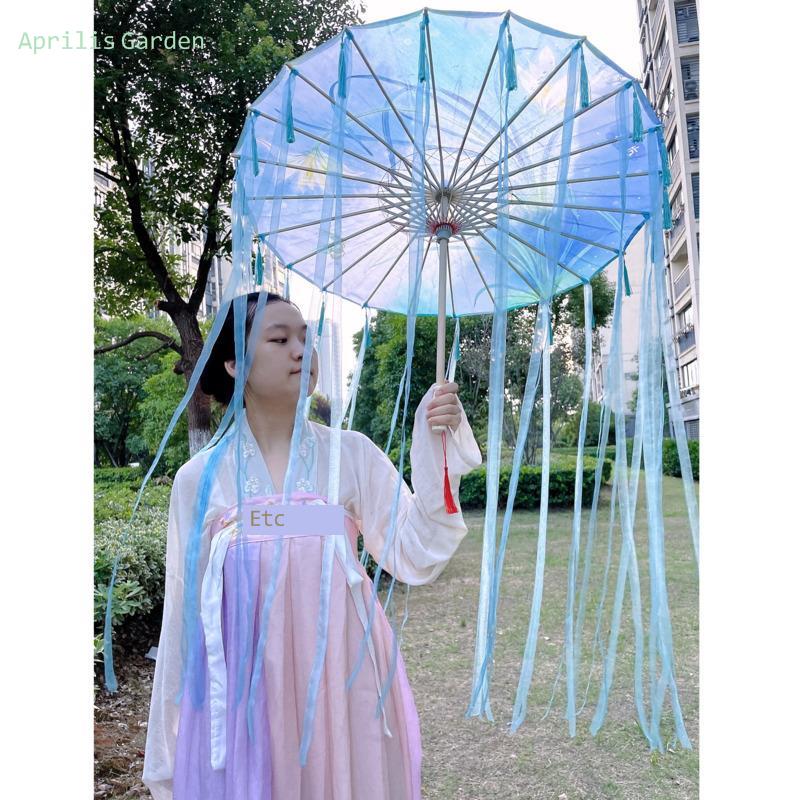 82cm hanfu cospaly blau geöltes Papier Regenschirm Frauen Fotografie Requisit Band antike Quasten Regenschirm Fan Paraguas Sonnenschirm