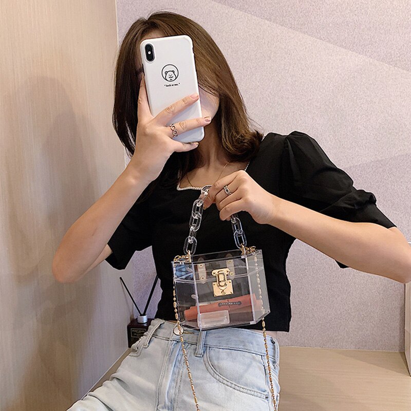 Acrylic Chain Transparent Box Jelly Bag Individual Hexagon Clear PVC Women Handbags Mini Evening Crossbody Tote Bags