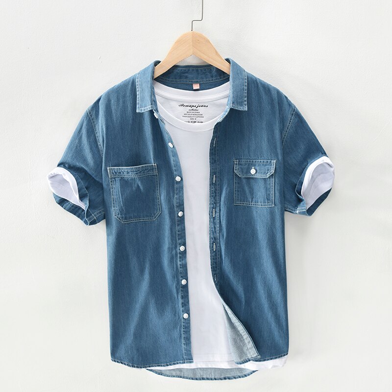 Mænd kortærmede denim skjorter sommer 100%  bomuld bløde casual jeans cowboy skjorte åndbar: Mørkeblå / Asiatisk størrelse xxl