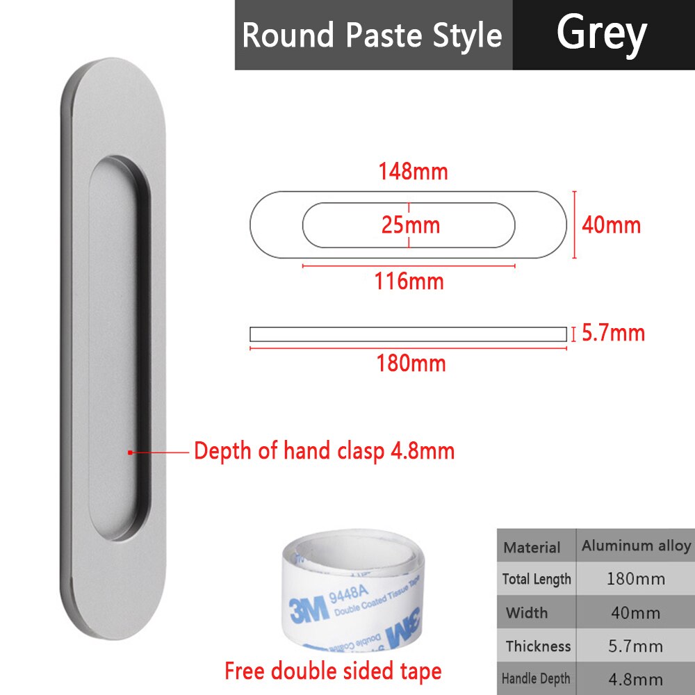 Onubao-manija de puerta corredera sin perforaciones, puerta de vidrio de almacén, manija deslizante de cocina, pasta adhesiva de doble cara: Grey-R-B