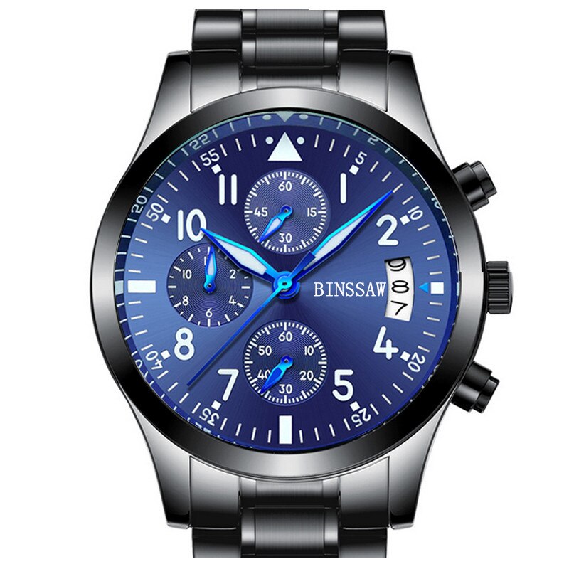 BINSSAW Mannen Luxe Quartz Horloge Roestvrij Staal Mode Lederen Waterdichte Lichtgevende Sport Horloges Relogio Masculino: BS10018F