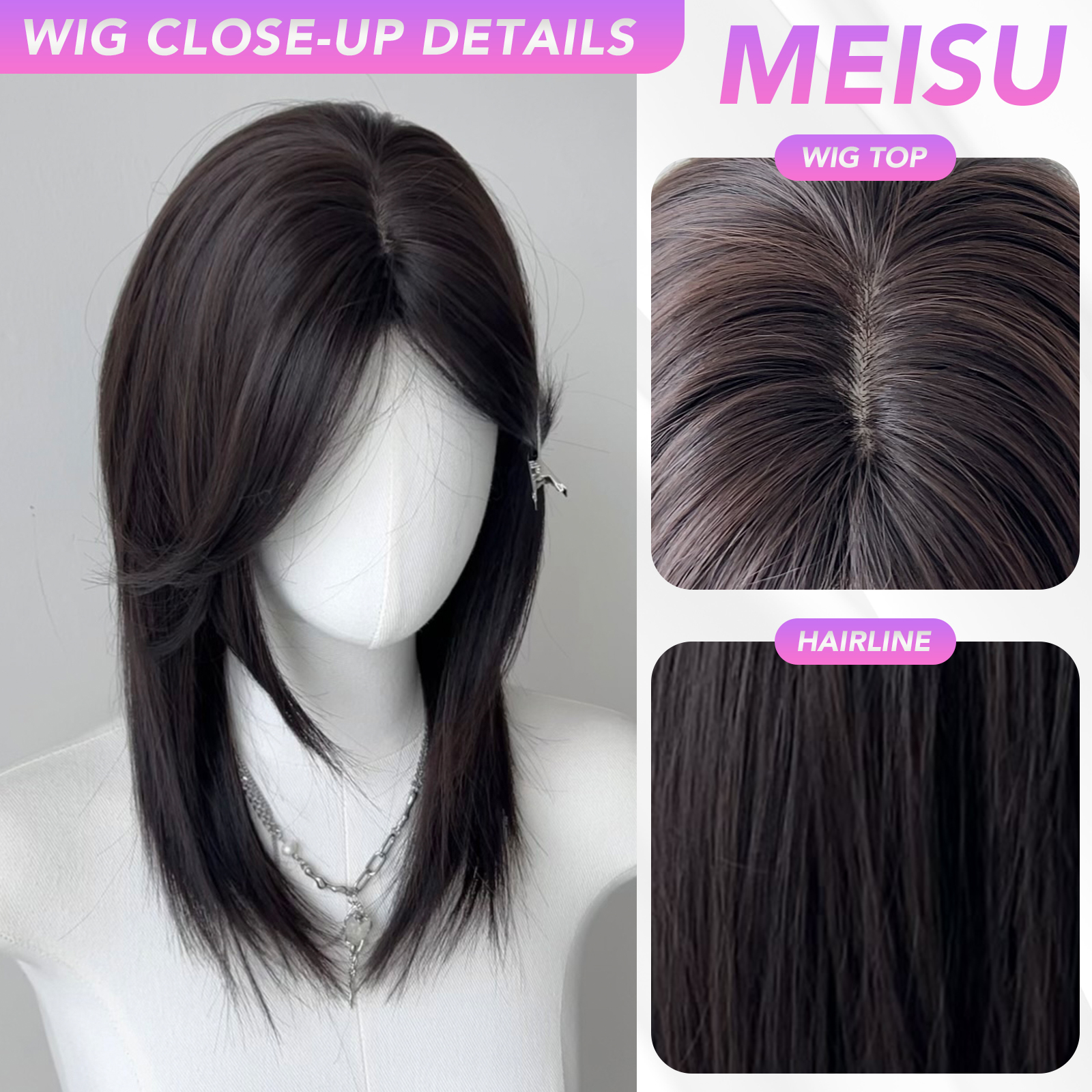 Meisu 20 tommers syntetisk sølv hvit pannelugg parykklengde rett unisex parykk fiber varmebestandig naturlig fest eller selfie