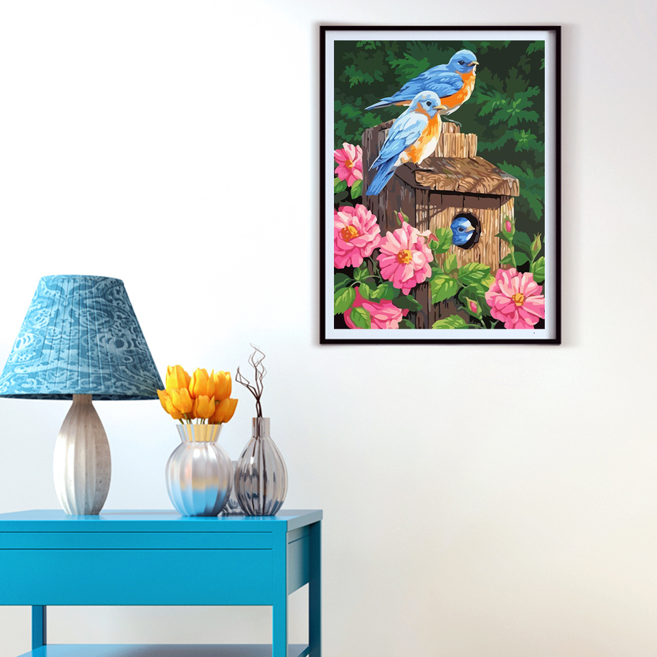 AZQSD Unframe peinture pour travaux manuels par numéros sur toile fleur Dewcor pour la maison peinture à l'huile par numéros ensemble oiseaux peint à la main