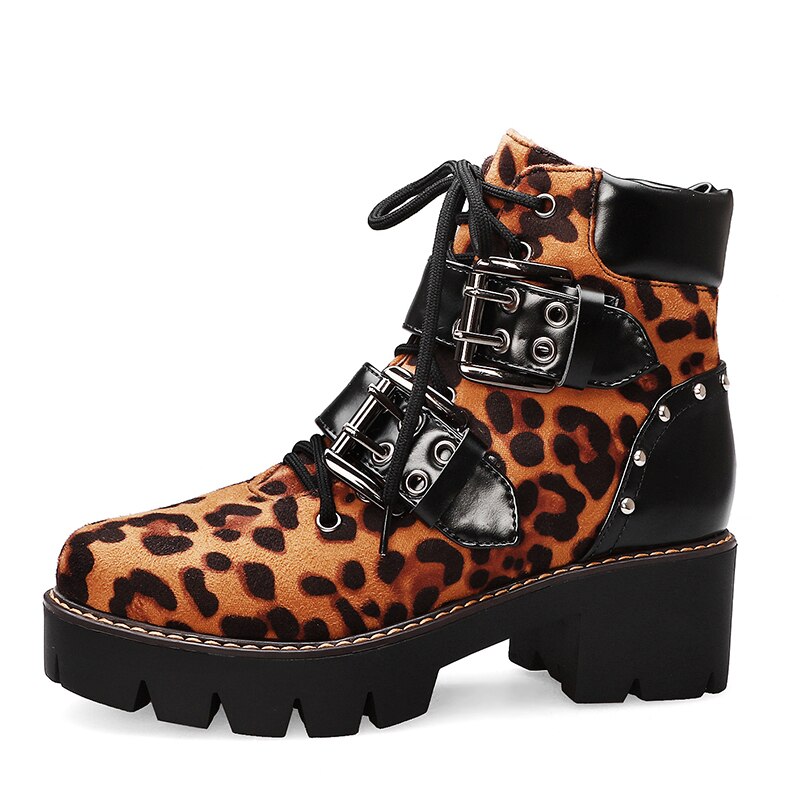 Gdgydh Schnalle Schwarz Gothic Stiefel Frau Punk Lace-up Chunky Heels Damen Kurze Stiefel Komfortable Neue schiff: leopard shoes / 4