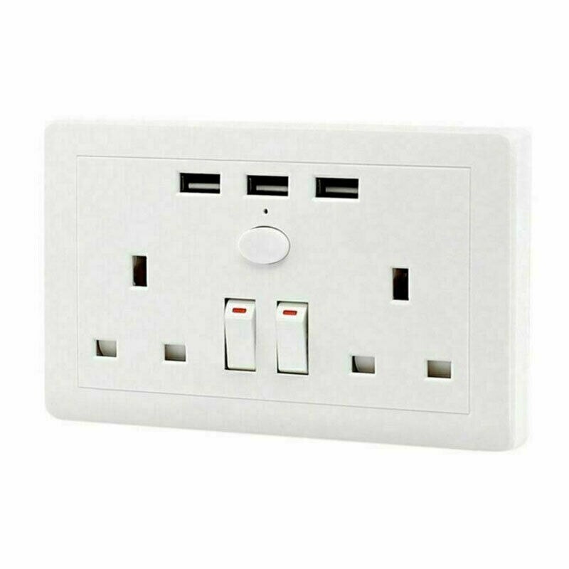 Double Wall Socket 2 Gang Plug 13A with 3 USB Port Charger Outlets White Plate