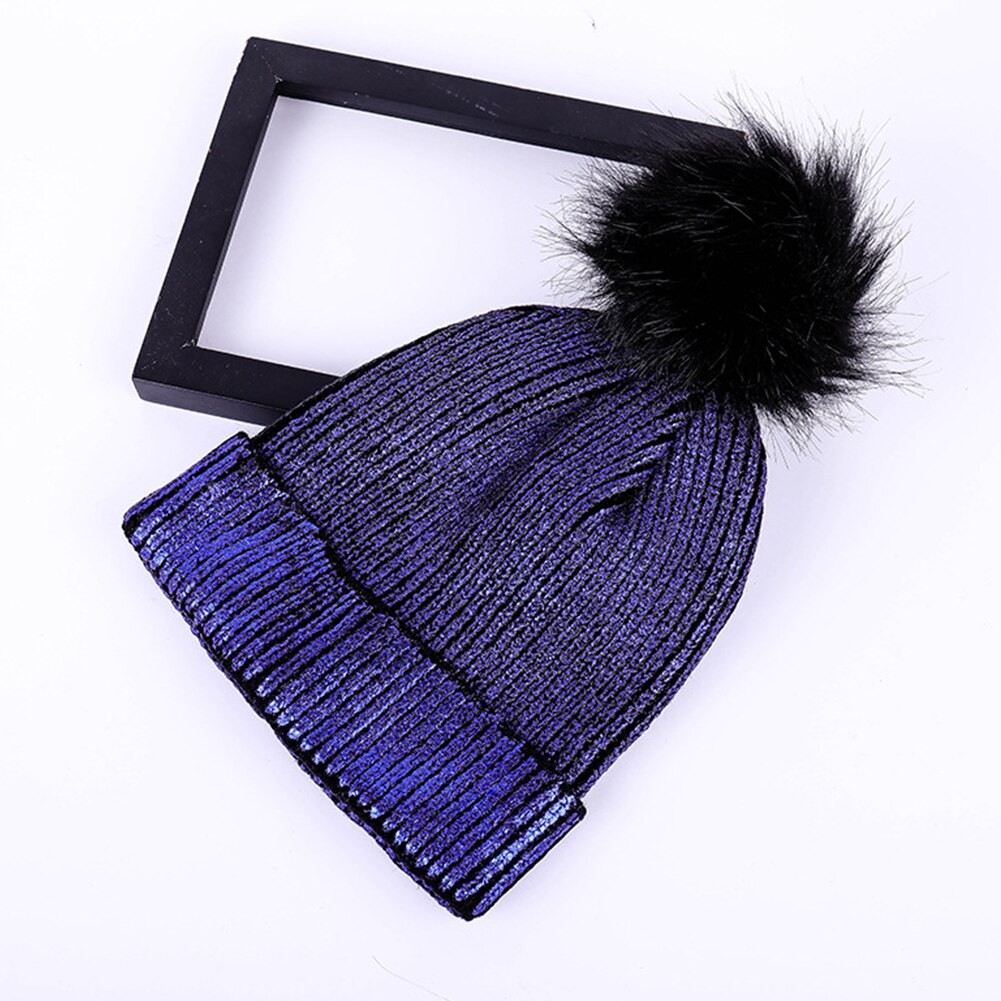 Bola de Pelo para niña, gorro bonito con Pompón, gorrito sólido a prueba de viento: Azul