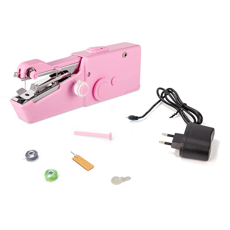 Mini Hand Sewing Machine Sew Needlework Cordless Clothes Fabrics Pink White Portable Mini Sewing Machine With Sewing Kits: Pink w EU plug