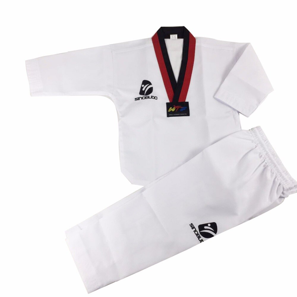 Standard wtf taekwondo uniform 100%  bomuld voksen barn taekwondo træning dobok rød sort v-hals костюм тхэквондо