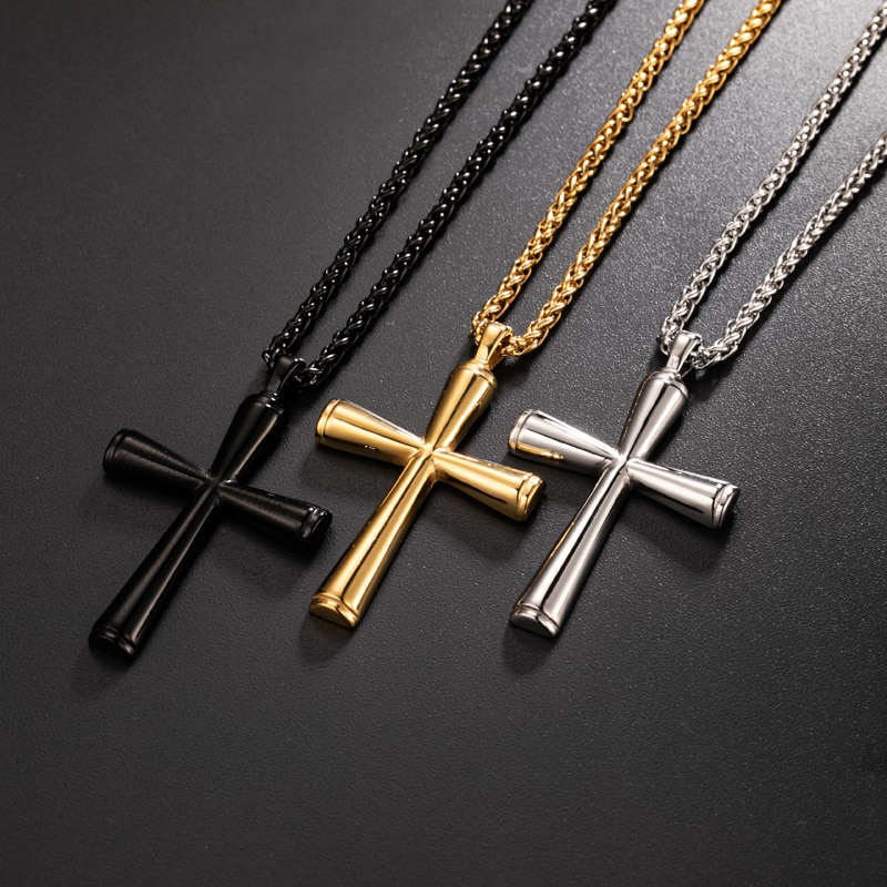 Valily Men's Simple Cross Pendant Necklace Stainless Steel Punk Christian Gold Cross Necklace Jewelry for Man Women