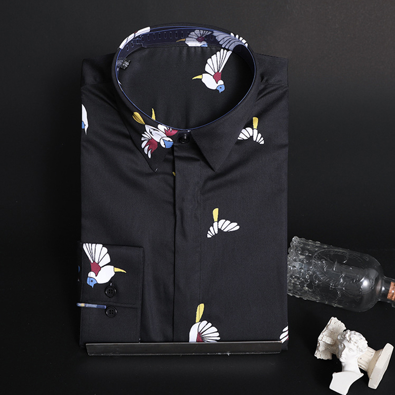 Camisa con estampado de pájaro para hombre, ropa de algodón de manga larga, ajustada, informal, de talla grande, nueva , a la ,