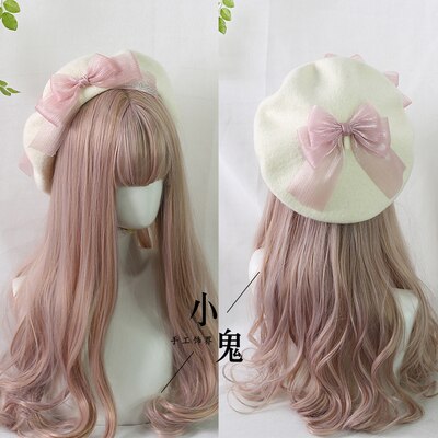Japanse Kawaii Baret Hoed Lolita Tiener Hart Zoete Wollen Handgemaakte Cute Lace Strik Warme Herfst Winter Schilder Hoed Hoofdtooi