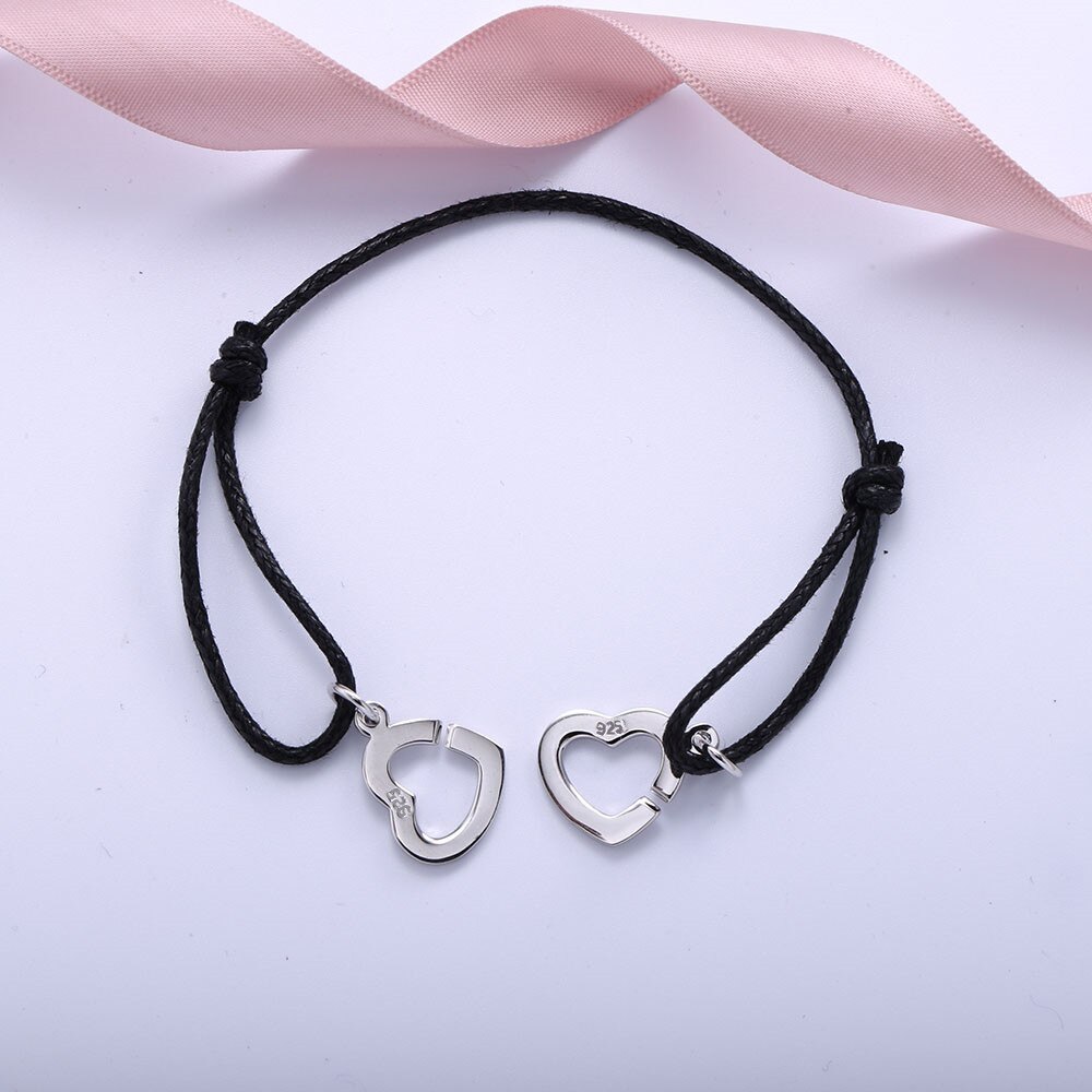 Heart Shaped 925 Prata Duplo Coeurs Moonmory Pulseira Para Mulheres E Homens Com Preto Corda Ajustar Pulseira Atacado