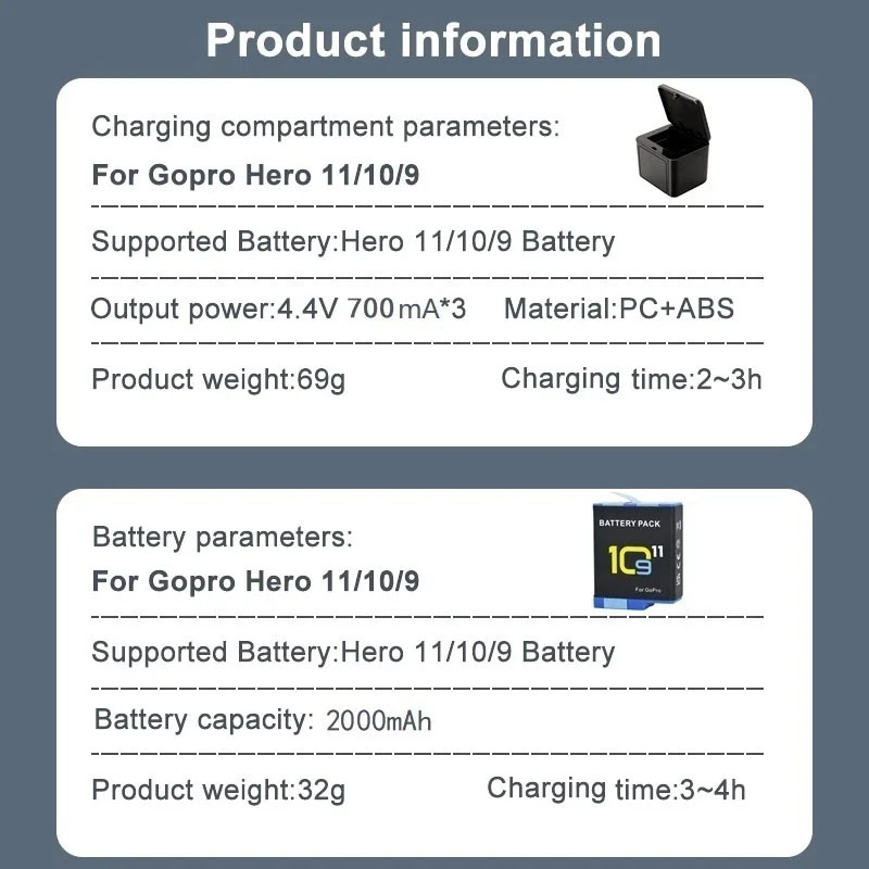 Akumulator 2000 mAh do GoPro Hero 11 10 9 Akumulator litowo-jonowy do kamery ruchu Przechowywanie akumulatorów do GoPro Hero9
