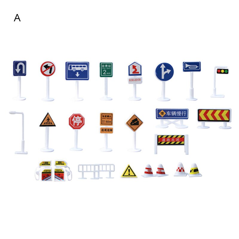 28Pcs Leuke Kinderen Vroege Educatief Speelgoed Stad Road Gebouwen Parking Kaart Verkeer Verkeersborden Stad Kaart Accessoires A-G