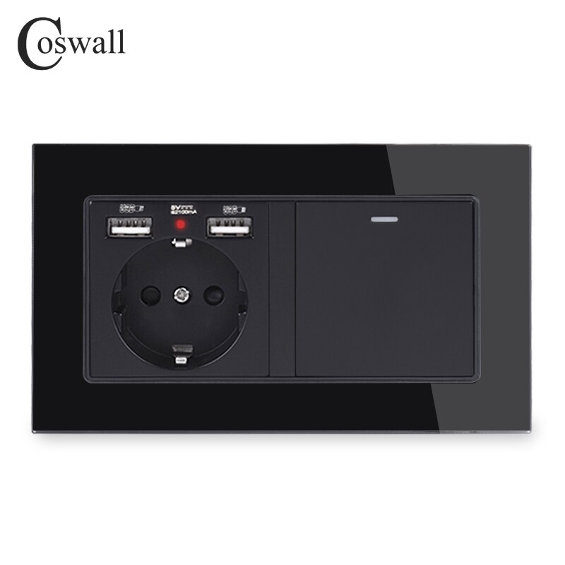 Coswall eu rusland spanien stikkontakt med 2 usb opladningsport  + 1 gang 1 vej til / fra rocker lysafbryder glaspanel sort hvid: Sort